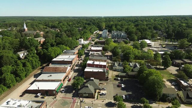 Aerial view of downtown Wake Forest, North Carolina, a fast growing city near Raleigh