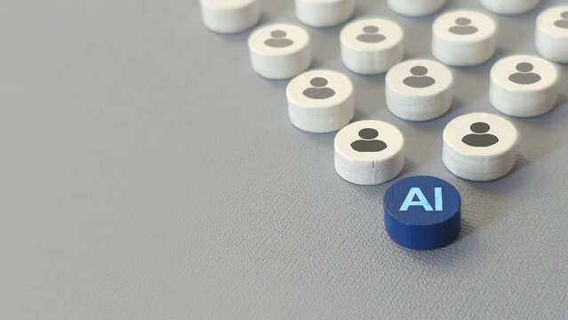 Artificial intelligence token positioned among employee icons representing human AI collaboration and technology adoption. Suitable for business, technology and workplace innovation themes.