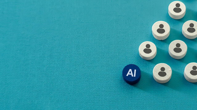 Artificial intelligence token positioned among employee icons representing AI adoption, workforce integration, human AI collaboration and digital transformation.