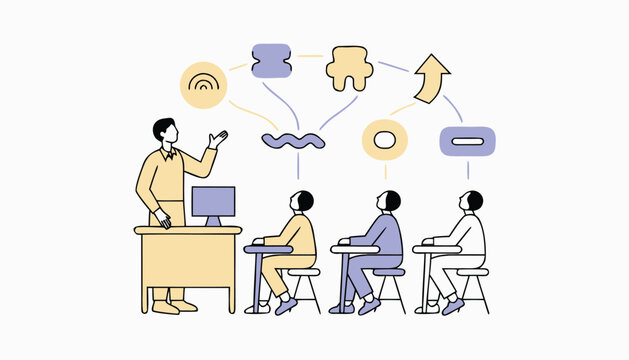 Online learning illustration teacher and students in virtual classroom