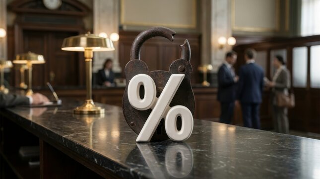 Clean abstract 3D conceptual visualization of declining commercial interest rates, descending blank white and green modular business blocks with downward trend arrow on polished desk, empty corporate 