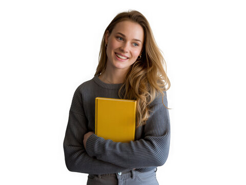 Young woman with long brown hair smiling holding a book education knowledge study learning