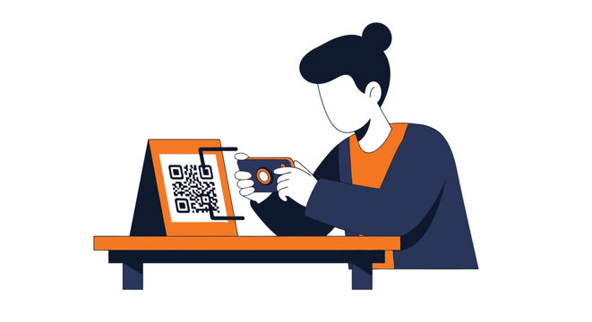 Flat Vector Illustration of a Woman Scanning a QR Code with a Smartphone for Contactless Payment or Digital Menu Access