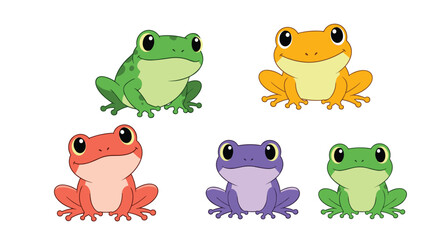 Naklejka premium Five cute cartoon frogs in various colors like green orange red and purple are sitting together in a friendly group.