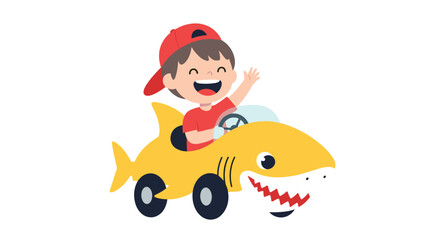 Naklejka premium Happy little boy wearing a red cap is driving a yellow shark shaped toy car while waving his hand in excitement.