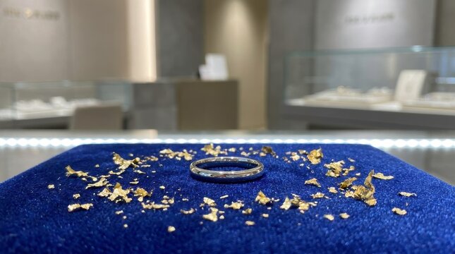 High-end 3D concept of a pristine platinum ring beside a broken heavy gold chain on luxury blue velvet cushion, representing financial freedom, breaking golden handcuffs, and wealth asset separation