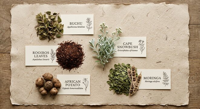 South African indigenous medicinal plants flat lay with buchu, rooibos, moringa, African potato, and Cape snowbush with botanical illustration cards on handmade paper