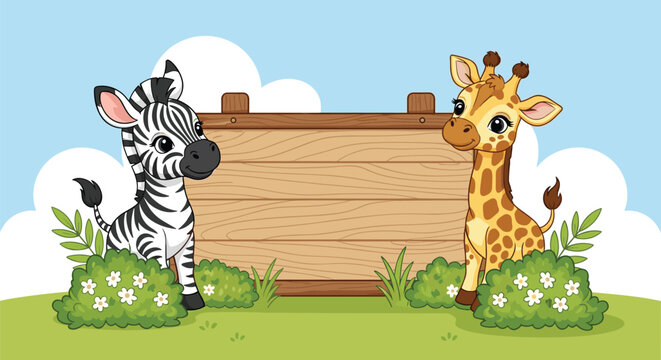 Cute zebra and giraffe are standing behind a rustic wooden sign surrounded by green bushes and flowers in a park.