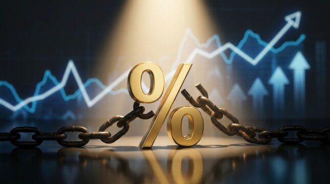 Clean abstract 3D conceptual visualization of declining commercial interest rates, descending blank white and green modular business blocks with downward trend arrow on polished desk, empty corporate 
