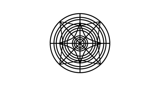Intricate abstract geometric pattern. Symmetrical black and white radial design with concentric circles and intersecting lines, vector illustration.