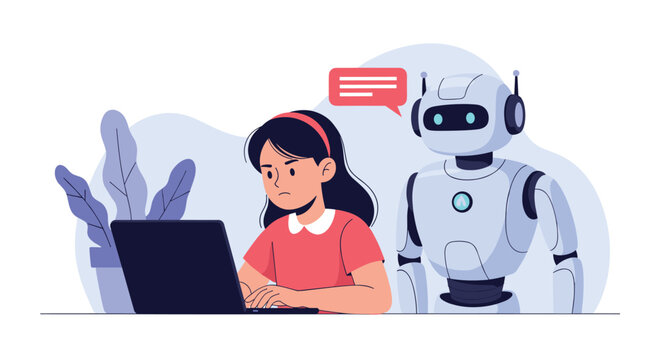 Young girl looking frustrated while working on a laptop with a helpful robot standing by with a speech bubble for technology assistance concept.