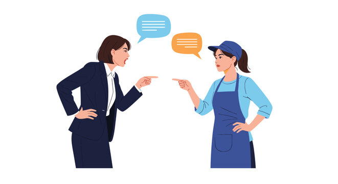 Heated argument between a businesswoman in a suit and a female service worker in an apron with speech bubbles showing conflict in the workplace.