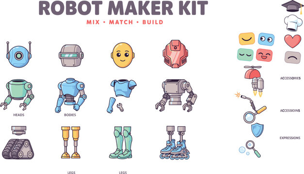 Robot character creator kit vector illustration with customizable robotic parts isolated background