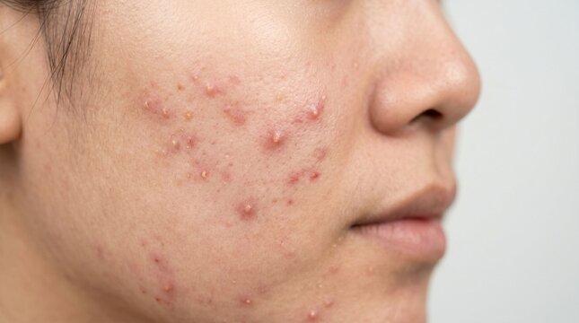 Close up profile of woman with breakout and acne skin condition 