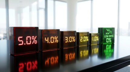 Fototapeta premium Clean modern 3D rendered descending white and green modular business blocks visualizing declining interest rates and loan costs, premium B2B corporate finance presentation background. 8K photorealisti