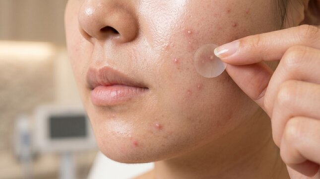 Woman applying hydrocolloid patch to acne on cheek