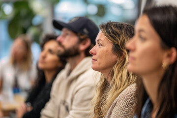 Fototapeta premium Nature Workshop Participants Engaged in Learning Session with Focused Expressions in Casual
