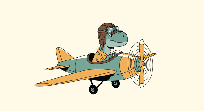 Green cartoon dinosaur wearing a pilot helmet and goggles flying a vintage propeller airplane through a creamy yellow sky.