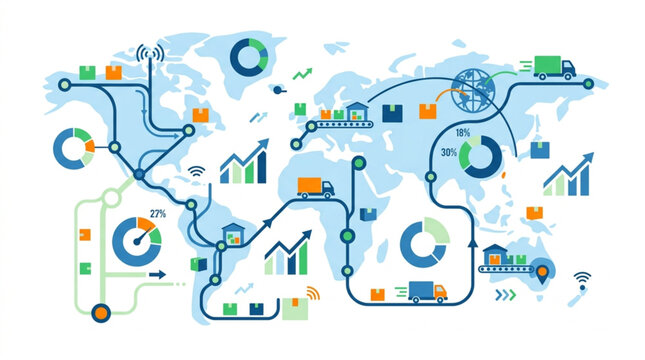 Global logistics and supply chain network illustration with trucks and charts.