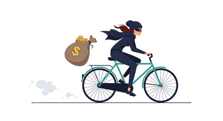 Fototapeta premium Woman in black criminal attire fleeing the scene of a crime on a bicycle while carrying a large sack of gold coins after a heist.