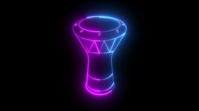 Glowing neon darbuka icon isolated on black background. Musical instrument. showcasing a minimalist outline of a traditional ethnic percussion musical instrument. 4k video animation.