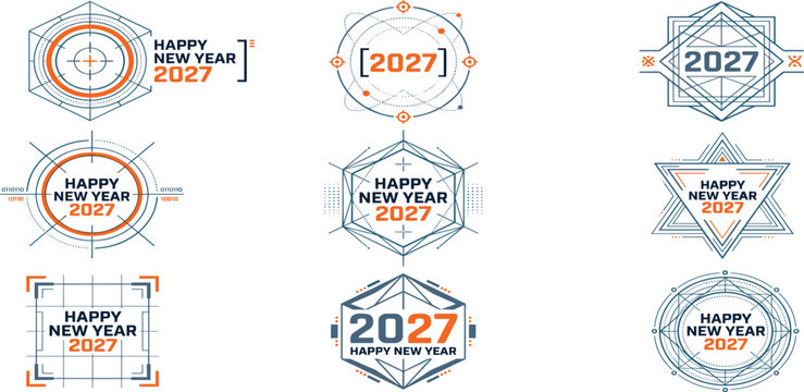 Happy New Year 2027 Futuristic Tech Badge Emblem Collection with Abstract Digital HUD Interface Crosshair and Geometric Line Art Elements for Modern Holiday Graphic Designs