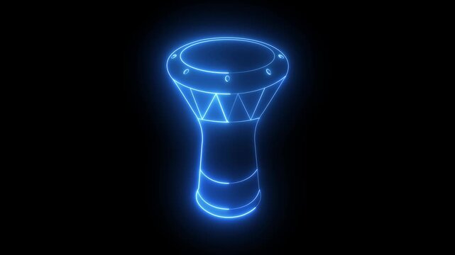Glowing neon darbuka icon isolated on black background. Musical instrument. showcasing a minimalist outline of a traditional ethnic percussion musical instrument. 4k video animation.