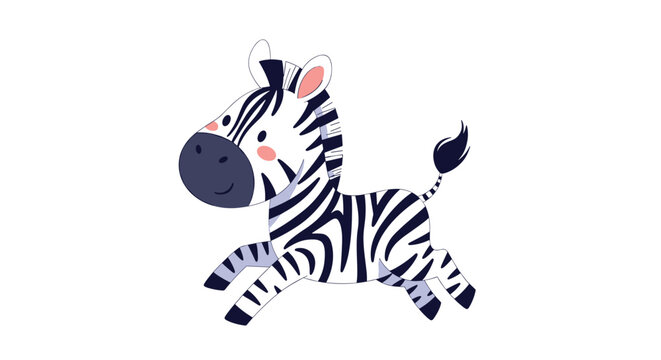Adorable baby zebra running happily with a smile on its face across a plain white background for children and nursery decoration themes.