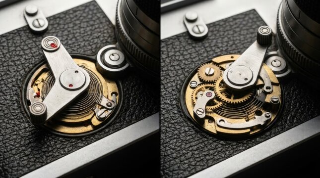A close up macro shot of a self timer mechanism lever on a vintage camera, showing intricate brass clockwork gears and metal parts for a detailed look at old analog photography gear engineering.