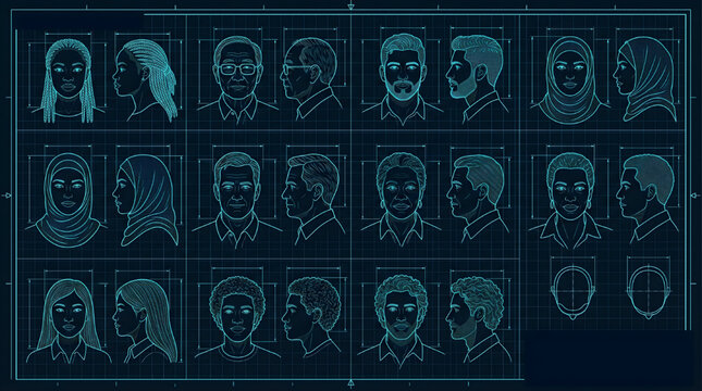 Diverse CAD Human Silhouette Collection with Side View Portraits Young Adult and Elderly Figures Technical Vector Blueprint Set