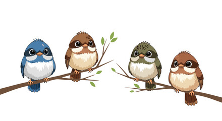 Fototapeta premium Four adorable small birds with different plumage patterns perched together on leafy tree branches in a row.