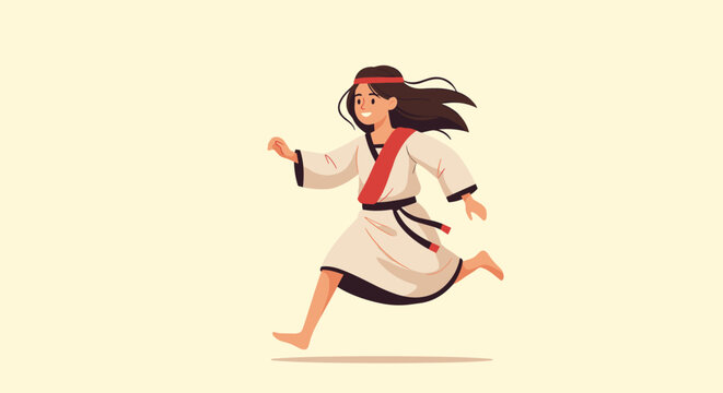 Young girl wearing a traditional white robe with a red sash and headband running joyfully on a light background.