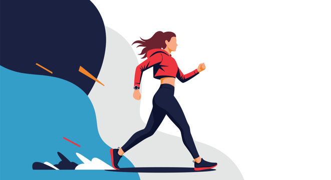 Athletic young woman walking quickly as part of her fitness routine against a dynamic abstract background.