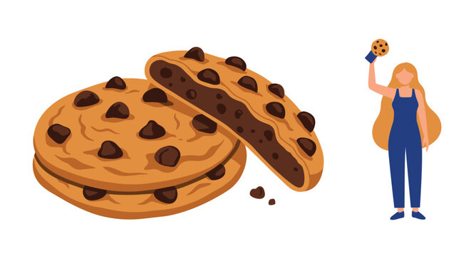 Two large delicious chocolate chip cookies next to a small woman holding a golden trophy for baking or cooking competition success.