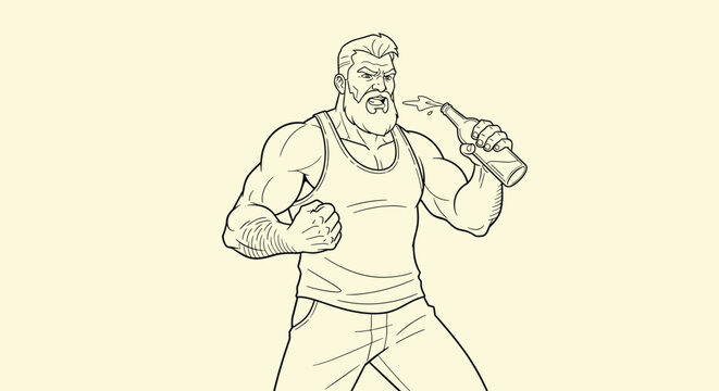 Muscular bearded man in a white tank top shouts while holding a bottle of beer in this expressive black and white line drawing.