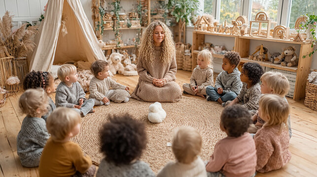 Diverse toddlers in a play-based learning circle with an adult.