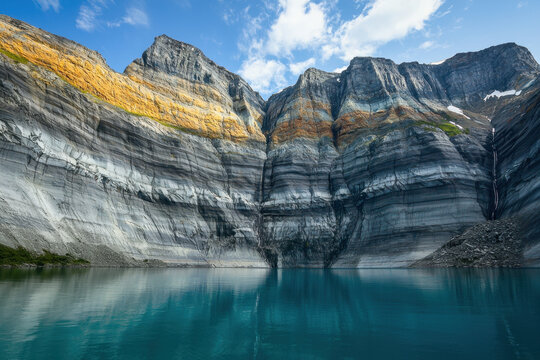 Fjord Geological Formation features a clear, turquoise glacial lake reflecting towering, horizontally striated rock cliffs that transition from deep greys to brilliant yellow bands