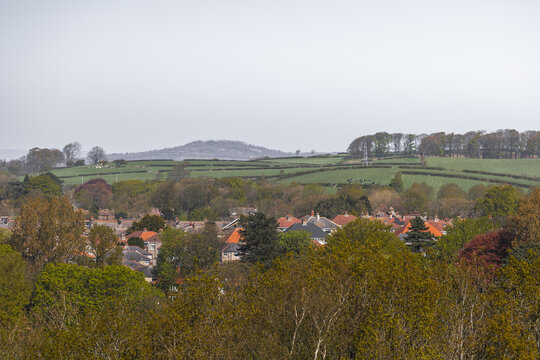 View of the residential rooftops of Lancaster nestled among lush green trees with rolling hills and fields in the background under a clear sky Lancaster, England, United Kingdom.