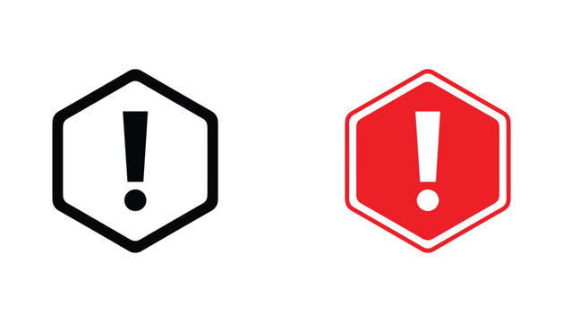 Warning exclamation mark icon set inside hexagon shield shape in black outline and bold red solid vector style for safety alerts hazard notifications and critical user interface error message design