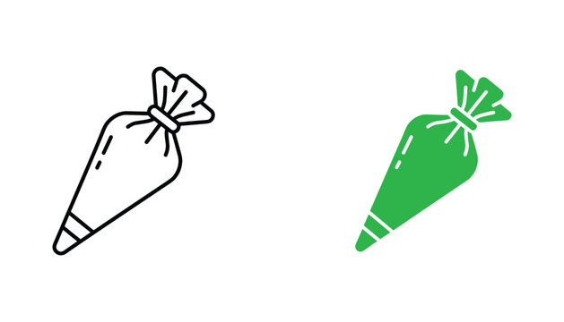 Piping bag illustration for cake decoration and pastry baking in both line art and flat solid green color styles for professional culinary design assets