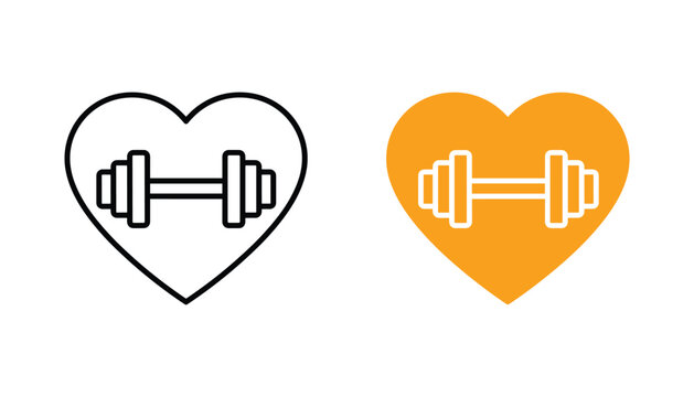 Fitness dumbbell heart icon set showing weight lifting equipment inside heart shape in black outline and orange solid vector style for gym branding health tracking apps and sports nutrition design