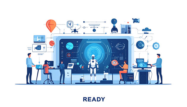 Team of people working on artificial intelligence project, developing robotic technology with futuristic interface, data analysis and innovation