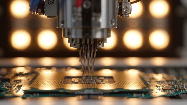 Robotic bond head assembly with needles moves down toward a microchip processor, macro shot. Industrial cleanroom with warm glowing LED lights. 