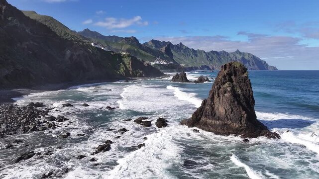 Scenic View of Benijo Beach and Alm&aacute;ciga Village, Anaga Mountains, Tenerife. Aerial video.