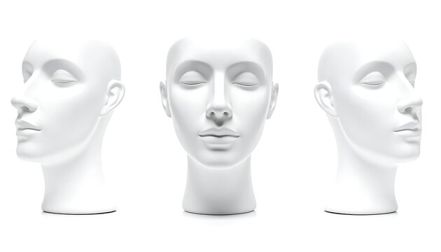 Three views of a white mannequin head on a white background, front, profile, and three-quarter view, isolated display model