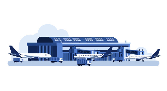 Flat Vector Illustration of Modern Airport Terminal with Airplanes, Cargo Trucks, and Jet Bridges on White Background