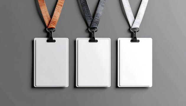 Three blank identification badges with different textured lanyards, representing access and security for events or corporate settings