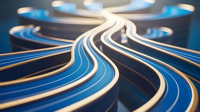 Blue and gold pathways converging to bright destination &ndash; Perfect for strategic investment planning, career guidance, or corporate success stories.