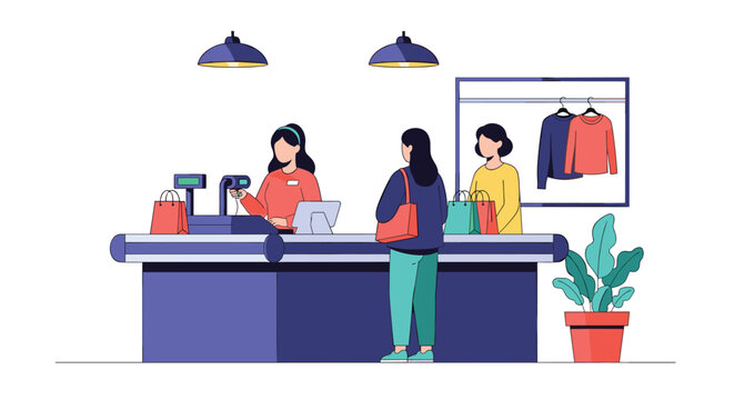 Shoppers wait in a queue at a retail store checkout counter while a friendly cashier scans their clothing purchases.