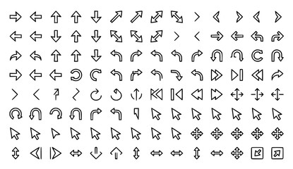 Obraz premium Collection of black and white linear arrow icons and directional symbols